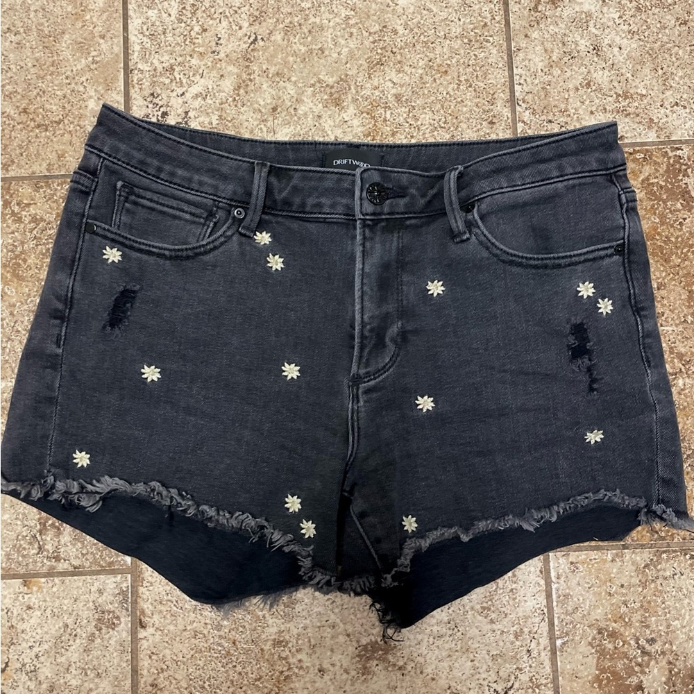 Driftwood Connie black denim shorts flower embroidered 29